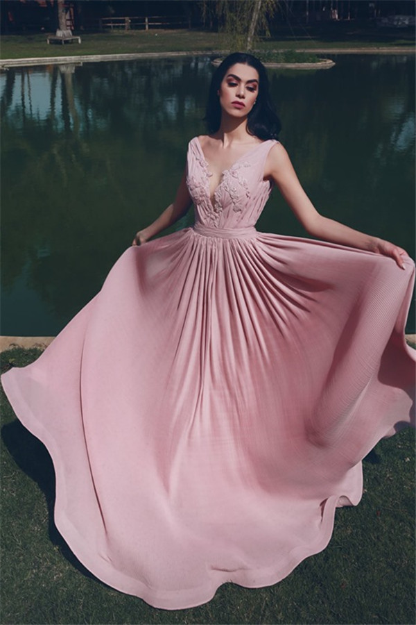 V-Neck Sleeveless Ruffles Appliques Long Evening Dress-newarrivaldress