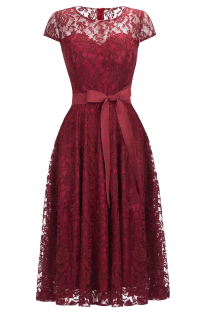 Burgundy Lace Short Sleeves A-line Dresses with Bow-newarrivaldress