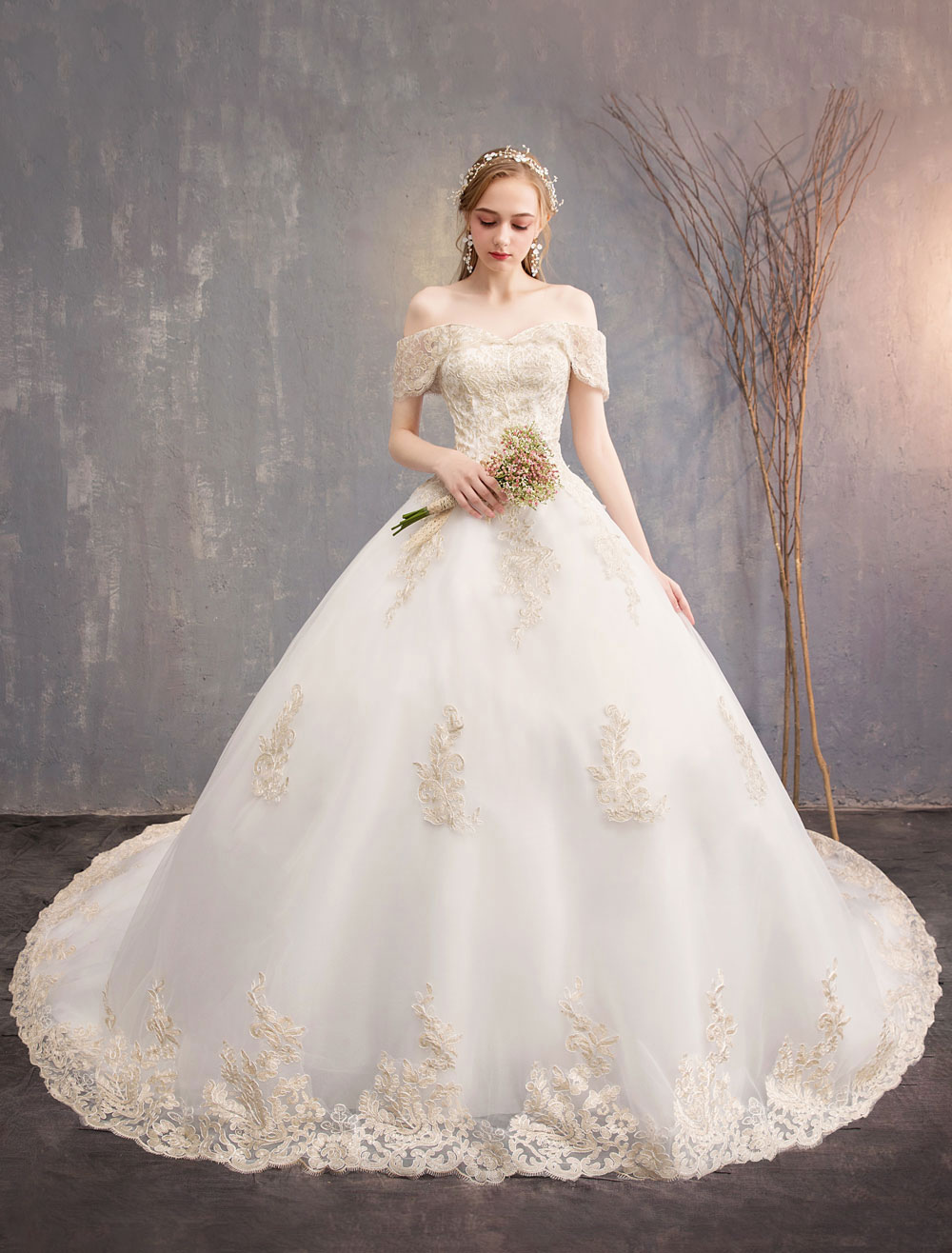 Princess Wedding Dress Ivory Lace Applique Off The Shoulder Short Sleeve Bridal Gown-newarrivaldress