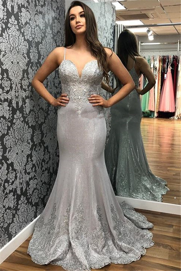 Spaghetti-Straps Applique Sleeveless Tulle Mermaid Prom Dresses-newarrivaldress
