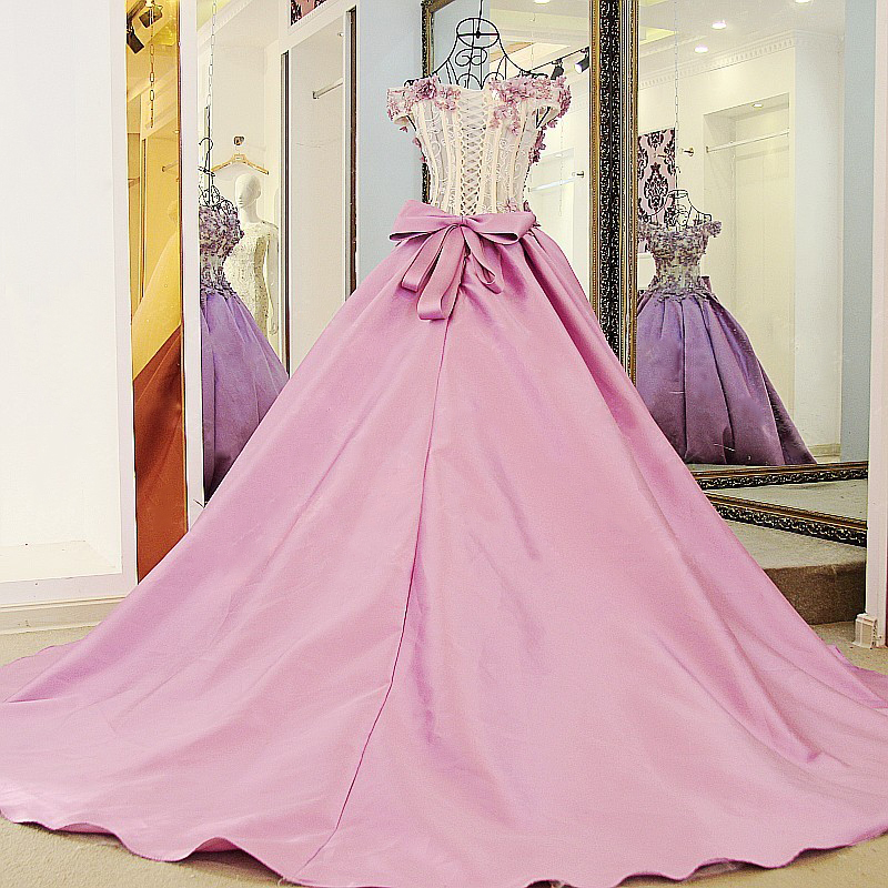 Lace Court Train A-Line Ball Gown Applique Bow Evening Dresses-newarrivaldress