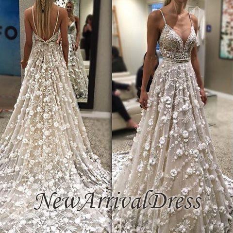 Gorgeous Sexy Spaghetti Straps Open Back Flowers Wedding Dresses-newarrivaldress