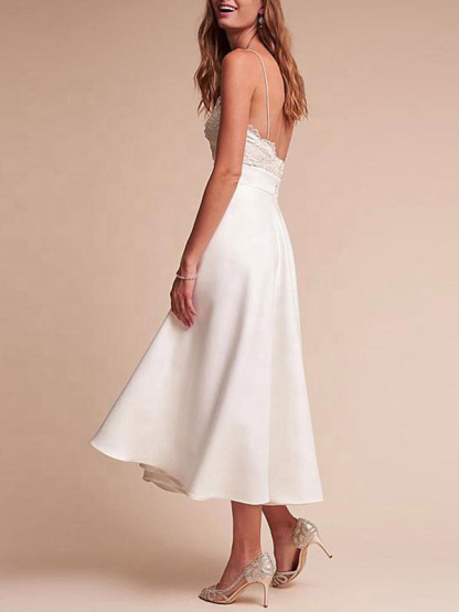 Short Wedding Dress V Neck Sleeveless A Line Tea Length Straps Bridal Gowns-newarrivaldress