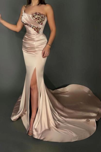 Amazing Strapless Satin Trumpet Prom Dress Side Slit Pleated Rhinstone Long Evening Dress-newarrivaldress
