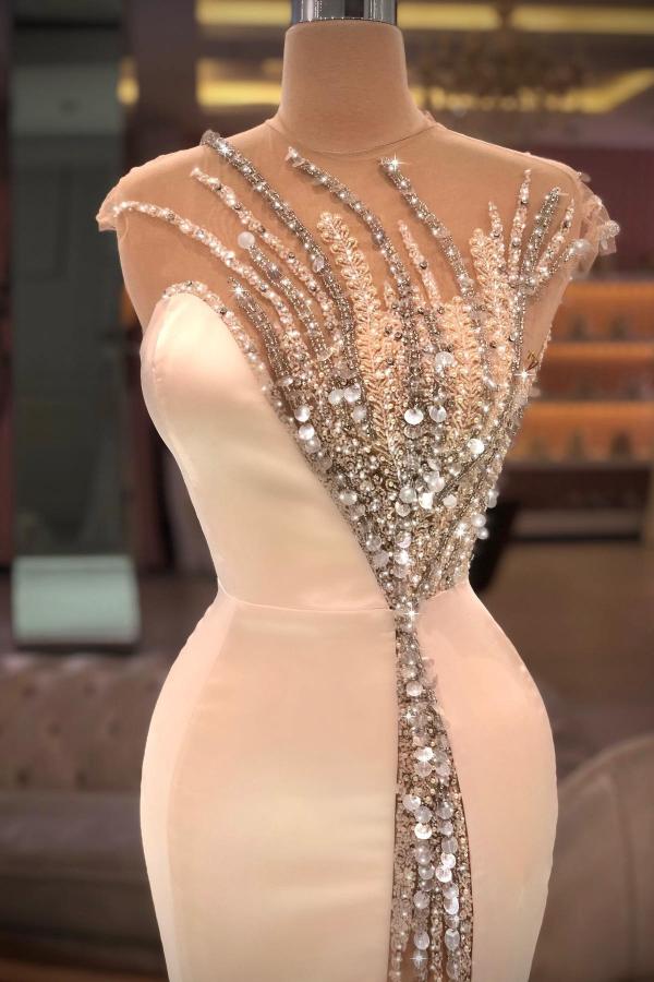 Crew Neck Glitter Crystals Long Mermaid Prom Dresses Front Slit Sleeveless Party Wear Gown-newarrivaldress