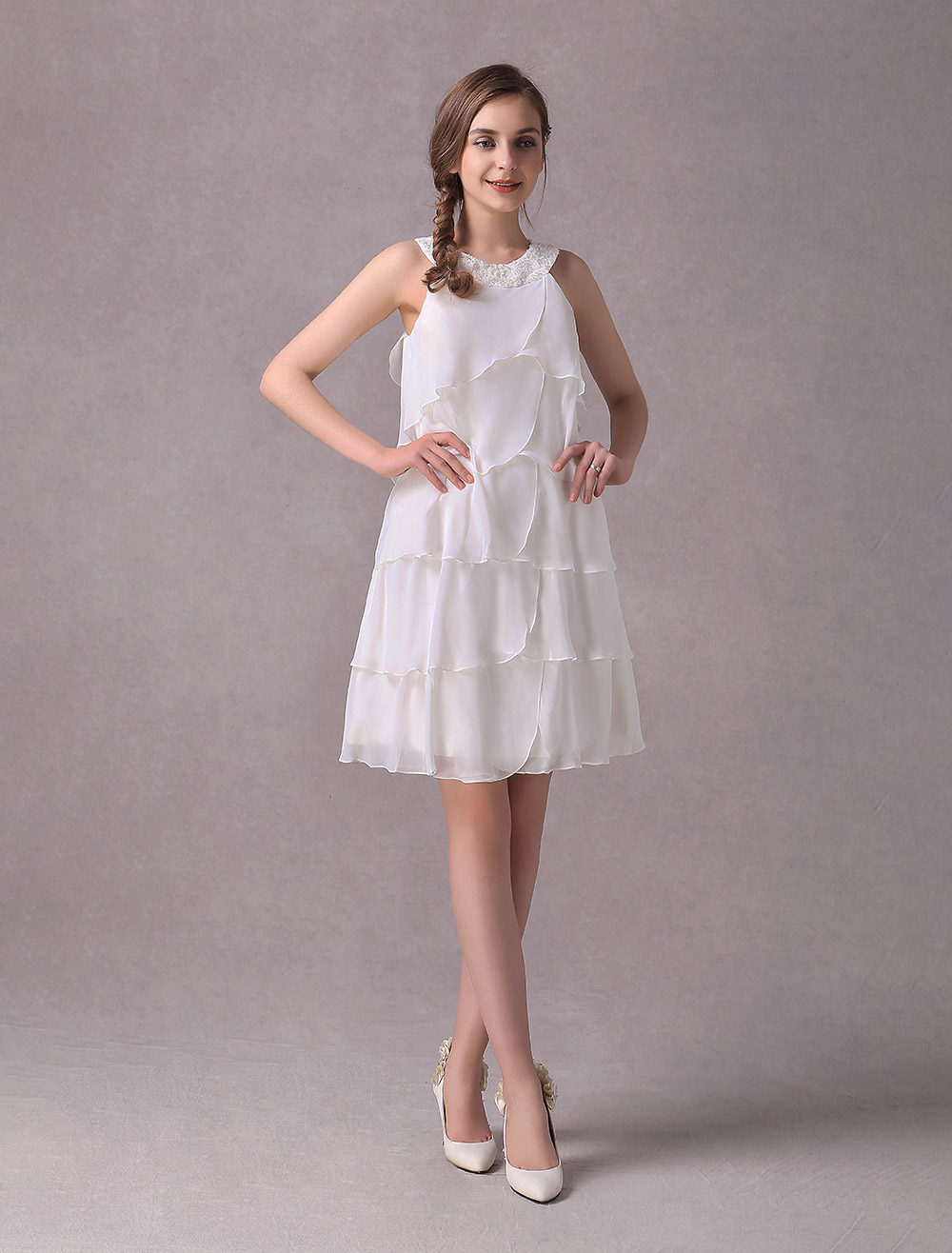 Simple Wedding Dresses Ivory Chiffon Cocktail Party Dress Beaded Tiered A Line Halter Short Bridal Dress Exclusive-newarrivaldress