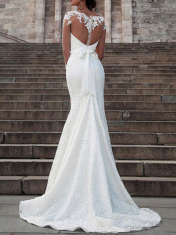 Wedding Dress Lace Illusion Neck Long Sleeves Mermaid Bridal Gowns With Court Train-newarrivaldress