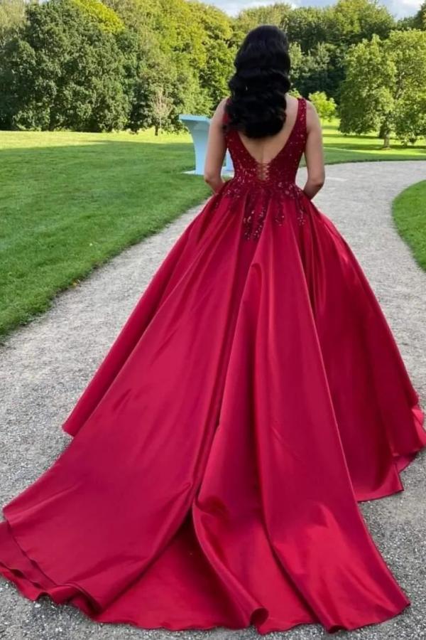 Amazing Red Square Neck Aline Satin Evening Dress Lace Appliques-newarrivaldress