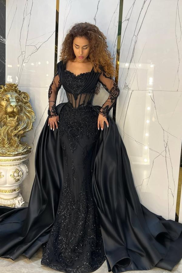 Luxury Black Mermaid Evening Gowns with Long Sleeves Appliques Long Prom Dress