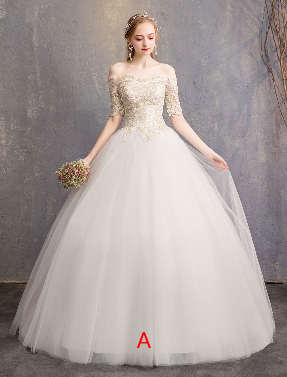 Tulle Wedding Dress Off The Shoulder Half Sleeve Princess Bridal Gown-newarrivaldress