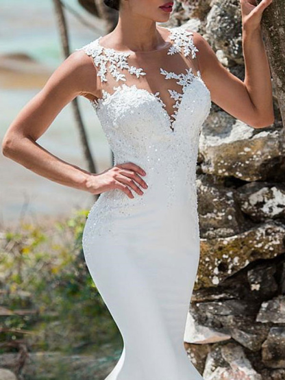 Wedding Dress Mermaid Lace Jewel Neck Sleeveless Back Hollow Out Bridal Gowns With Train-newarrivaldress