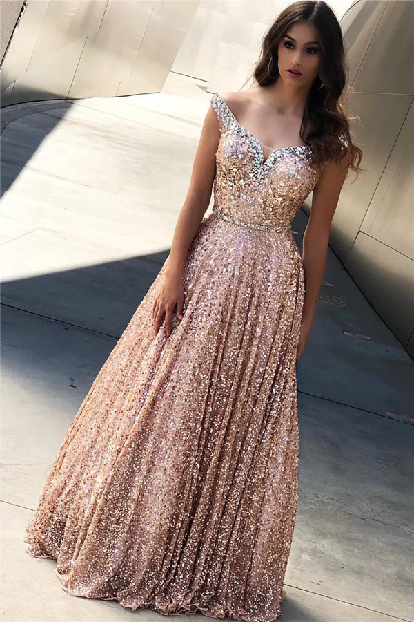 Rose Gold Sequins Evening Dresses | Off The Shoulder Sexy Bling-bling Prom Dress