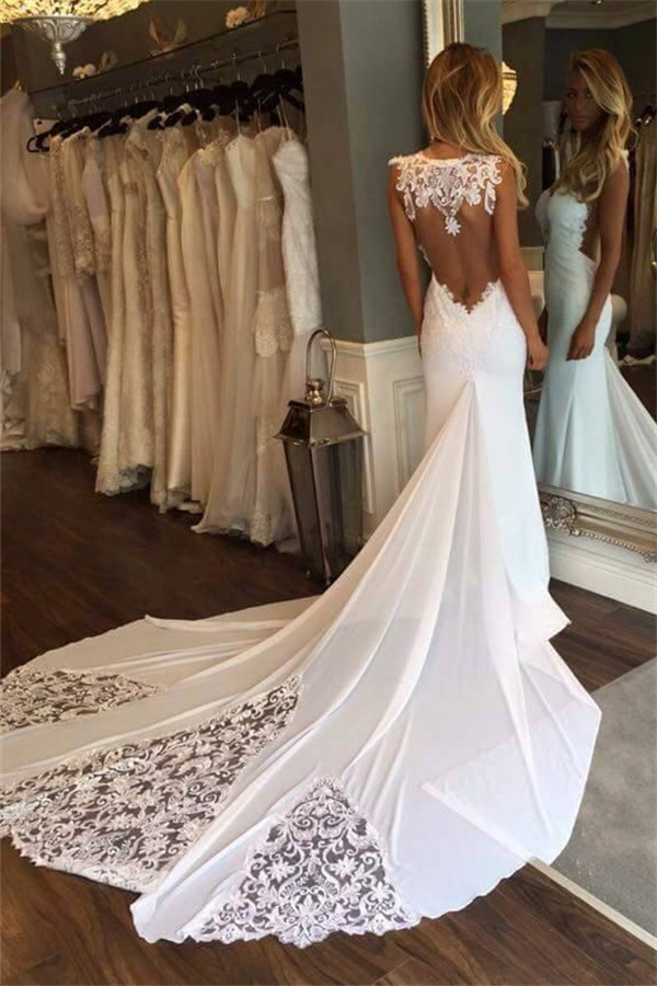 Sleeveless Open Back Lace Sexy Bridal Gowns | Newest Mermaid Chapel Train Wedding Dresses-newarrivaldress