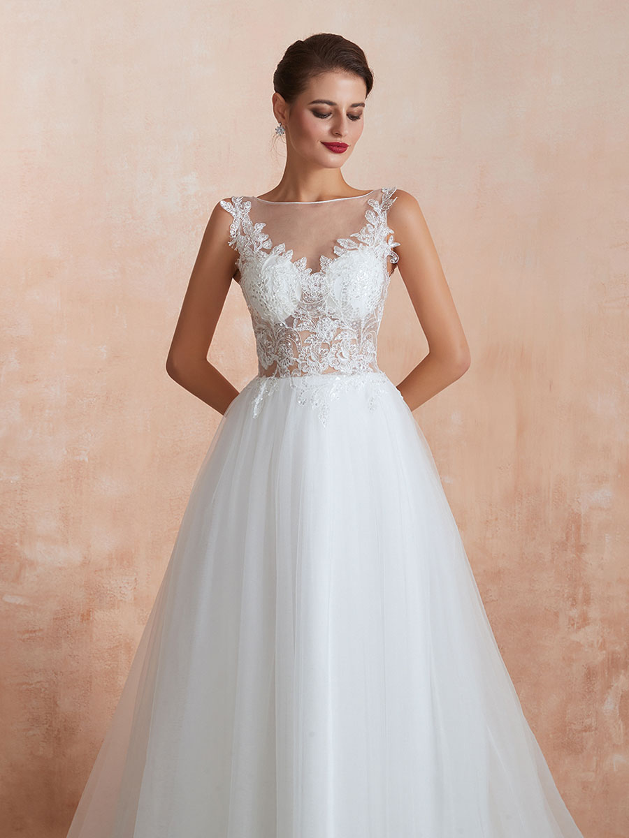 Wedding Dress 2021 A Line Sleeveless Lace Floor Length Tulle Bridal Gowns With Train-newarrivaldress