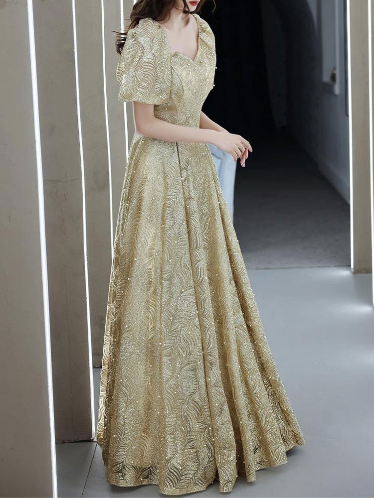 Light Blond Evening Dress A-Line V-Neck Half Sleeves Lace-up Sequined Floor-Length Formal Party Dresses-newarrivaldress