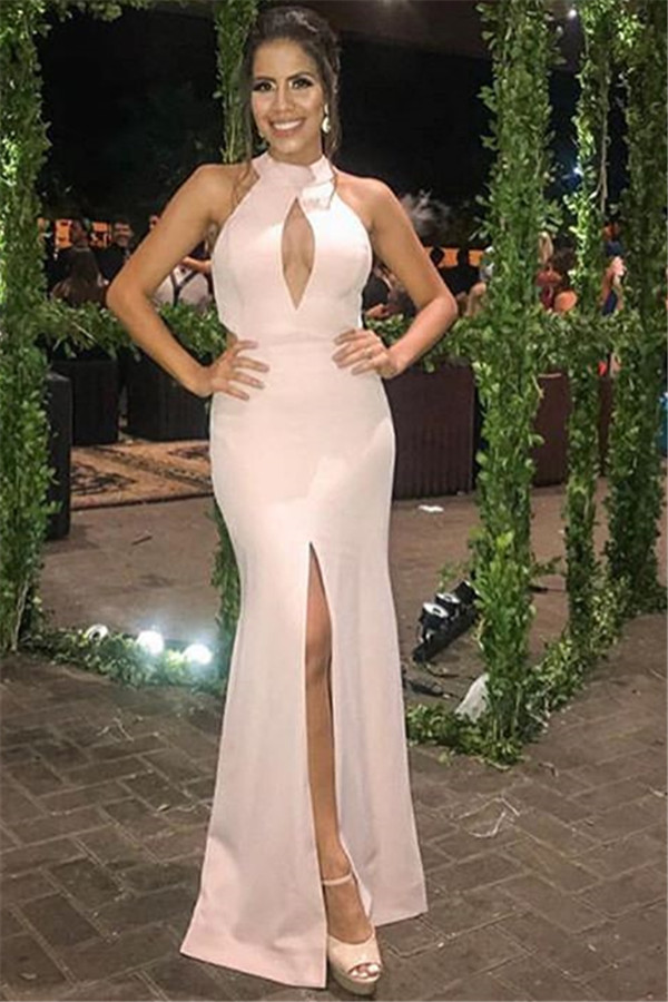 New Arrival Pink Halter Sleeveless Side-Slit Mermaid Prom Dress-newarrivaldress