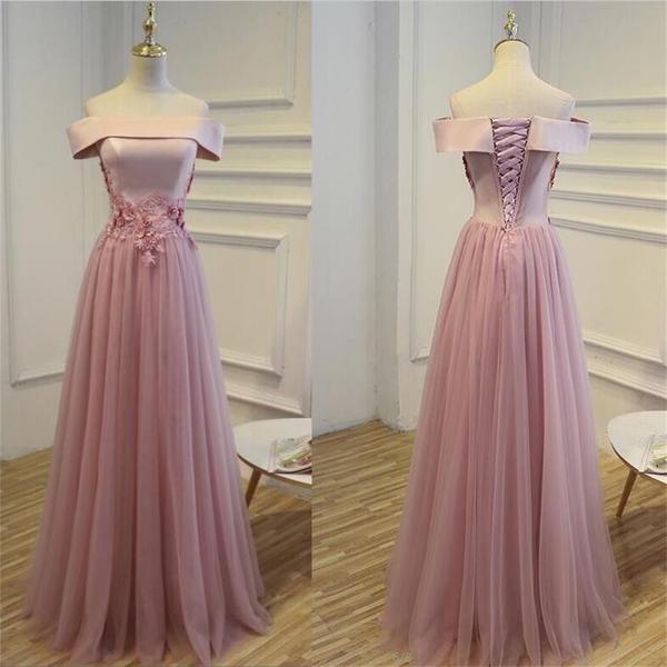 Elegant Off The Shoulder Custom Made A-line Lace-up Lace Appliques Prom Dresses-newarrivaldress