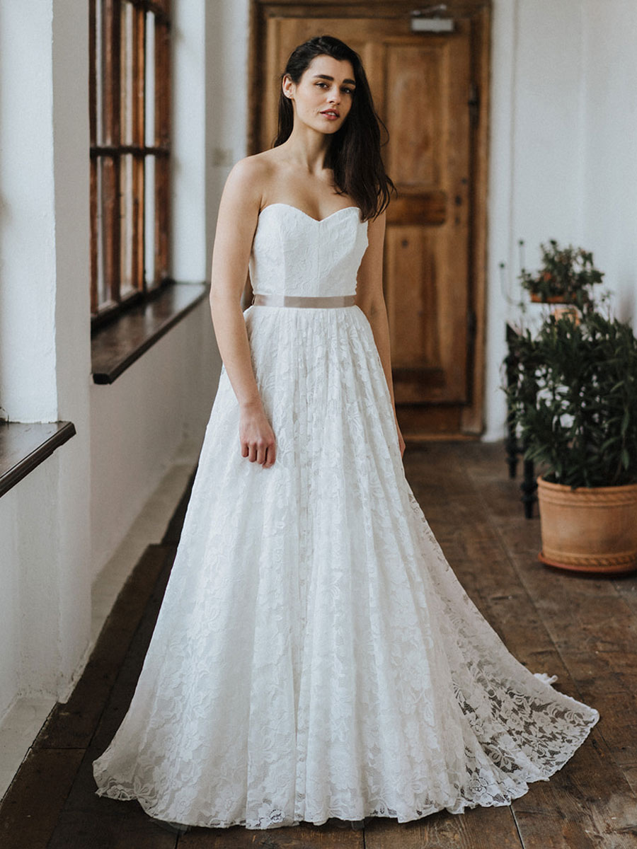 simple strapless a line wedding dress Simple Strapless Wedding Gown with Pockets