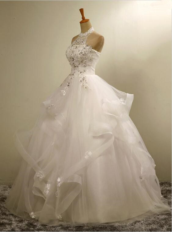 High Neck Lace Appliques Beads Sleeveless Ruffles Ball Gown Wedding Dresses-newarrivaldress