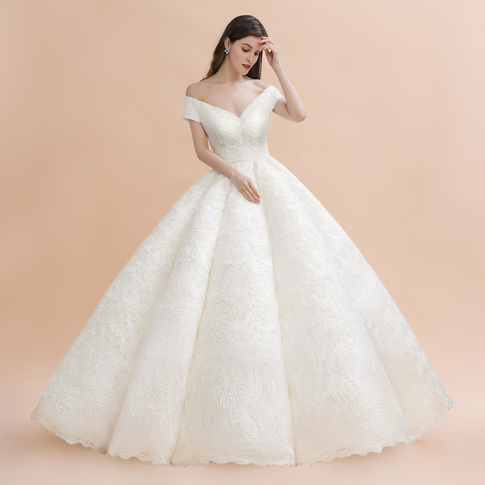 Ivory Off Shoulder Lace Appliques A-line Ball Gown Tulle Wedding Dress-newarrivaldress