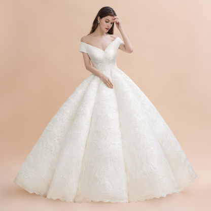Ivory Off Shoulder Lace Appliques A-line Ball Gown Tulle Wedding Dress-newarrivaldress