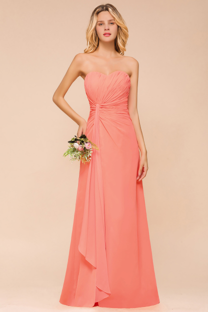 Sweetheart Ruffle Affordable Coral Chiffon Bridesmaid Dresses Strapless Lace-up Floor Length Wedding Guest Dresses-newarrivaldress