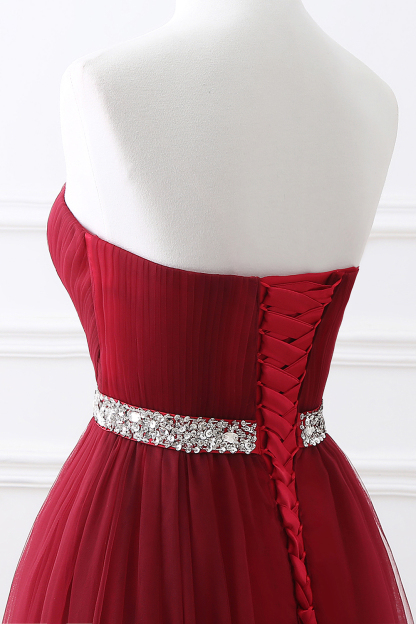 Custom Made Fluffy Tulle A-line Sweetheart Burgundy Prom Dresses With Beads Belt-newarrivaldress