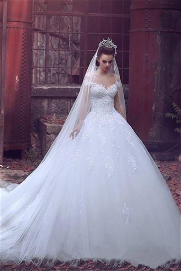 Off The Shoulder Princess Wedding Dress Ball Gown Lace Bride Dresses with Long Train-newarrivaldress