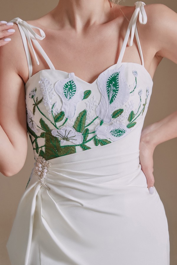 Spagheti Straps Side Slit Wedding Dress Leaves Pattern Bridal Dress-newarrivaldress