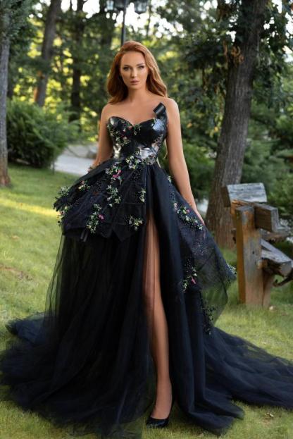 Amazing Black Sweetheart Aline Evening Dress with Flowers Side Slit Tulle Formal Dress-newarrivaldress