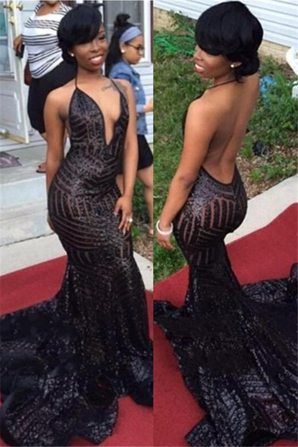 Sexy Black Mermaid Sequined Prom Dresses | Backless V-Neck Long Formal Gowns SK0096-newarrivaldress