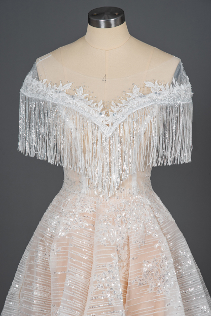 Romantic Tassels Off Shoulder Glitter Sequins Wedding Gown Garden Bridal Dress for Bride-newarrivaldress