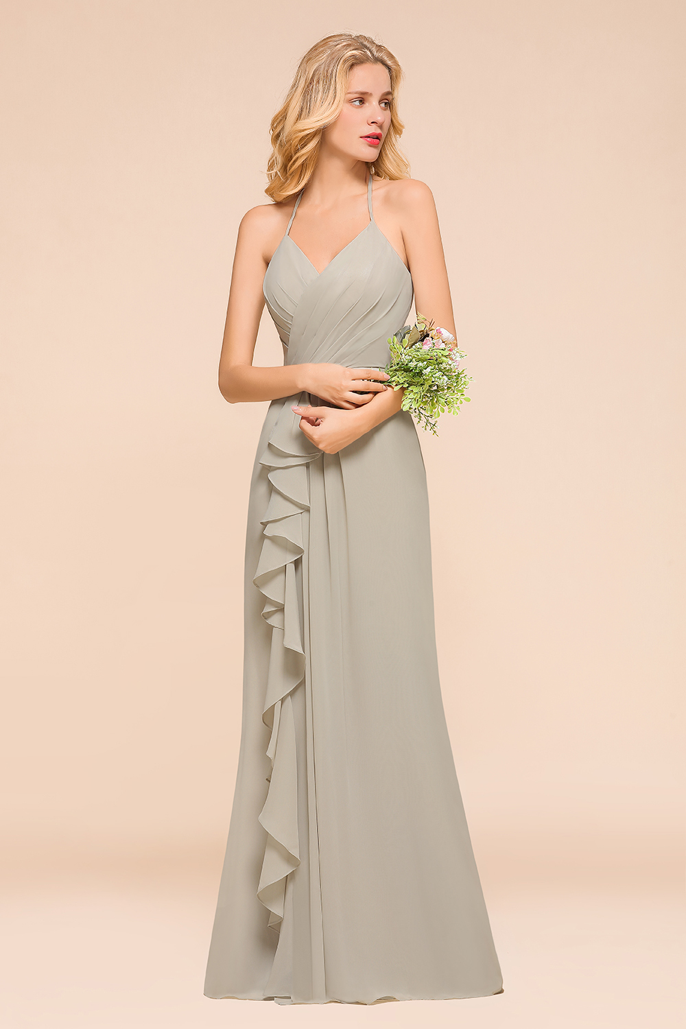 Elegant Halter Ruched Chiffon Bridesmaid Dresses V-neck Floor Lenth Formal Dress-newarrivaldress