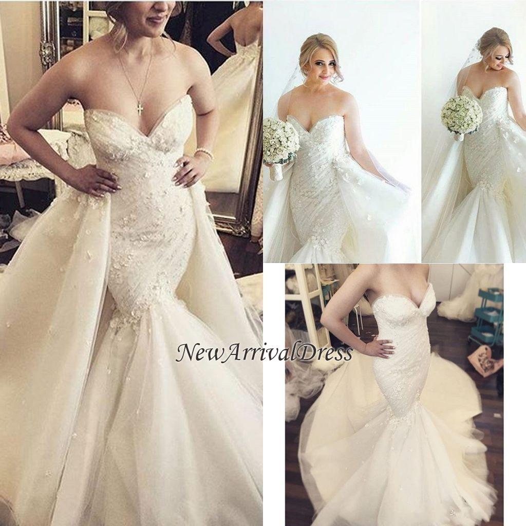 Ruffles Luxurious Strapless Sleeveless Mermaid Sexy Open Back Detachable Train Floral Wedding Dresses Online-newarrivaldress