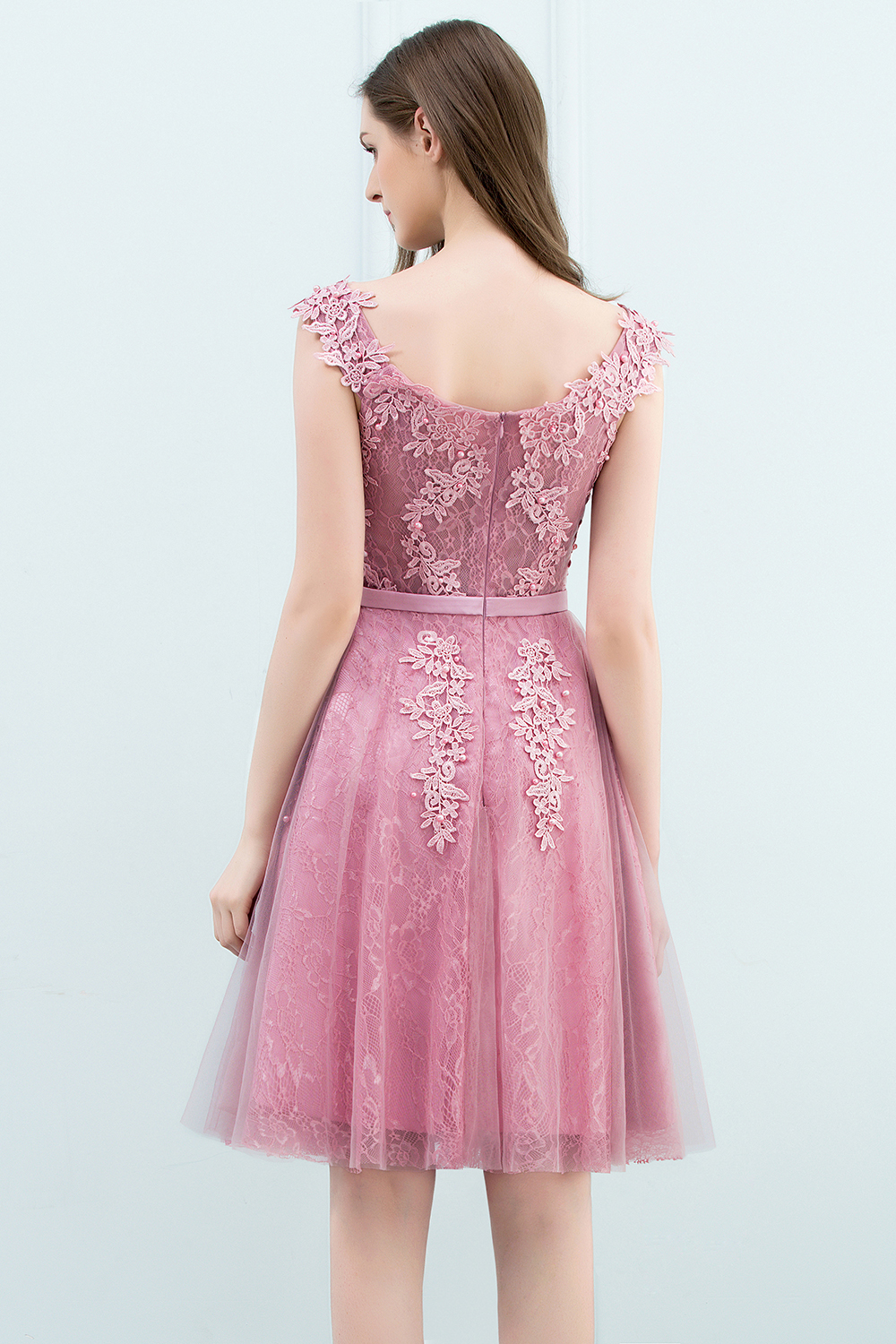 WILMA | Ball Gown Illusion Neckline Tea Length Lace Tulle Dusty Pink Prom Dresses with Beading-newarrivaldress