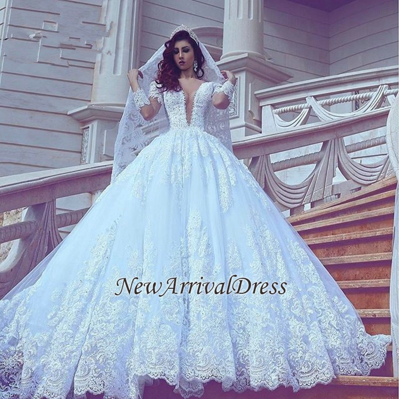 Popular V-neck New Arrival Lace Long Sleeve Online Court Train Elegant Ball Gown Wedding Dresses-newarrivaldress