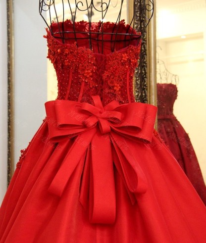 Strapless Bow A-Line Applique Ball Gown Tulle Sweep Train Prom Dresses-newarrivaldress