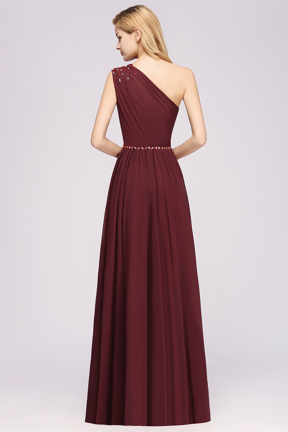 Elegant A-Line Burgundy Chiffon One-Shoulder Sleeveless Ruffles Floor-Length Bridesmaid Dresses with Beadings-newarrivaldress