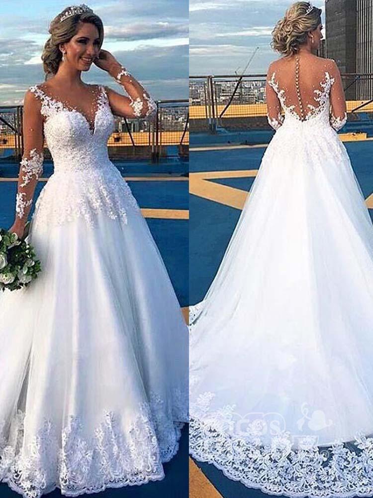 Stylish V-Neck Lace Appliques Aline Wedding Gown Long Sleeves Bridal Dress-newarrivaldress