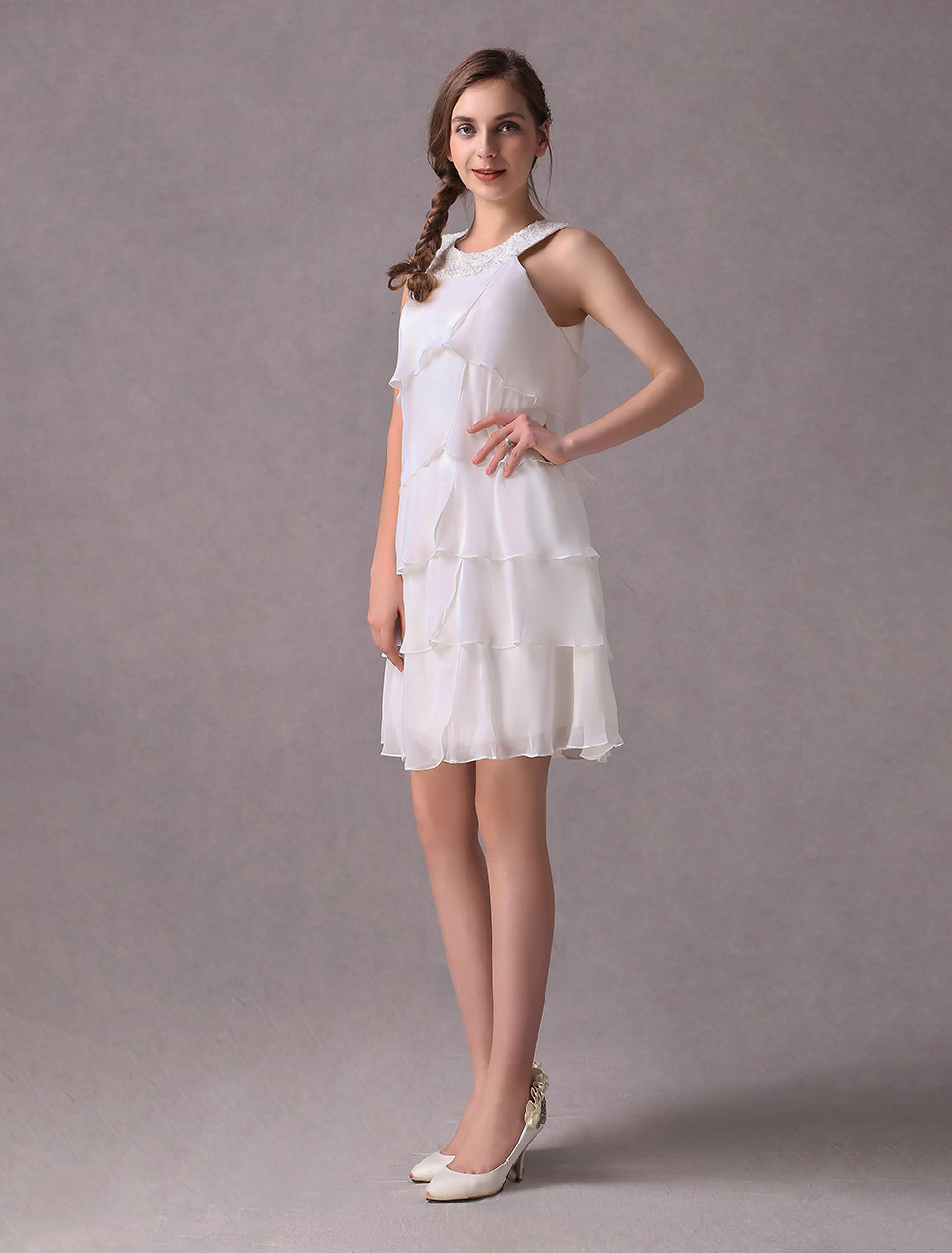 Simple Wedding Dresses Ivory Chiffon Cocktail Party Dress Beaded Tiered A Line Halter Short Bridal Dress Exclusive-newarrivaldress