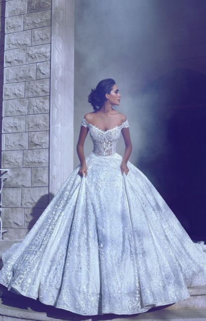 Glamorous Off-The-Shoulder Ball-Gown Long Wedding Dresses-newarrivaldress