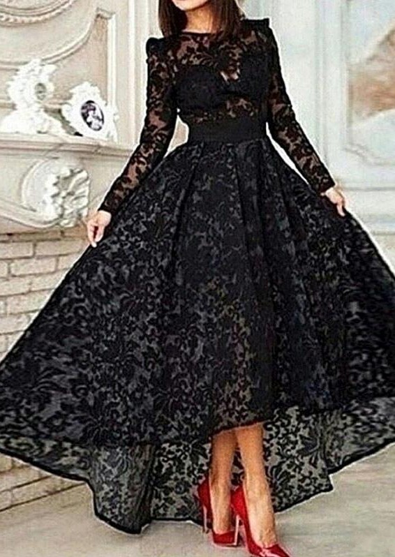 Vestido Black Hi-lo Long Sleeves Prom Dresses Sheer Lace Evening Gowns-newarrivaldress