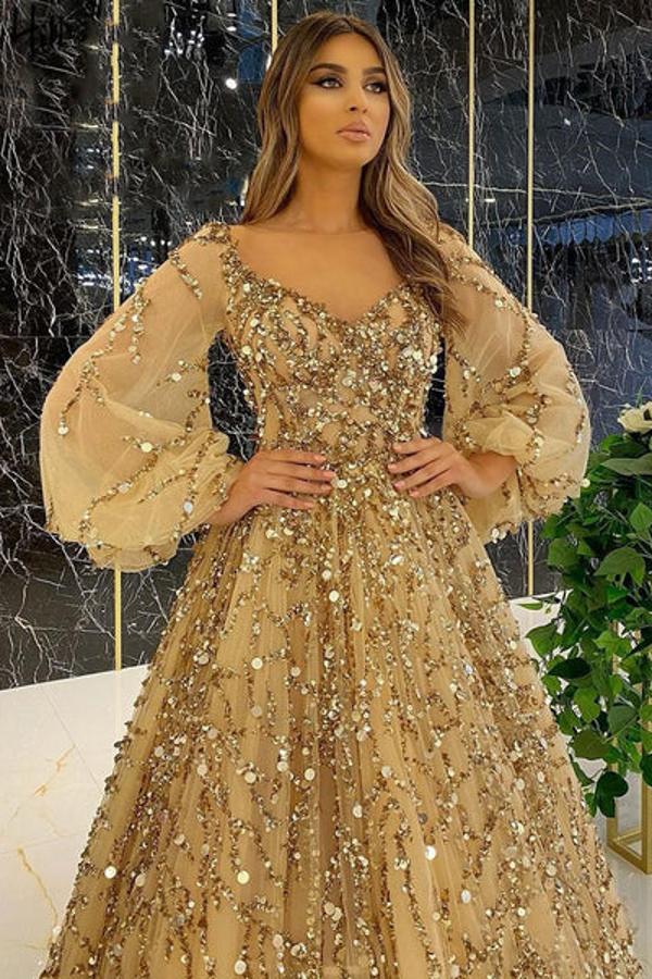 Exquisite Yellow Beading V-Neck Floor Length Long Sleeves A-Line Prom Dress-newarrivaldress