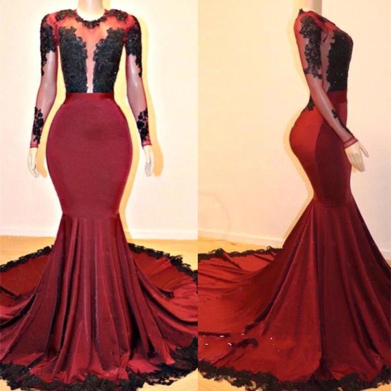 Long Sleeve Mermaid Burgundy Graduation Dresses | Balck Lace Illusion Long Prom Dresses-newarrivaldress