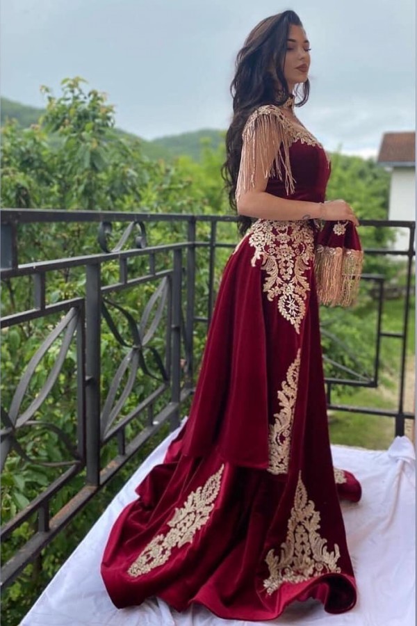 Burgundy Velvet Prom Dress Gold Appliques Floor Length Evening Dress-newarrivaldress