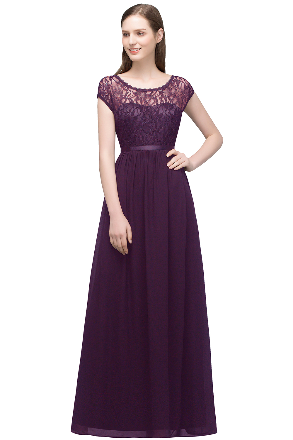 REESE | A-line Floor Length Short Sleeves Lace Bridesmaid Dresses with Sash-newarrivaldress