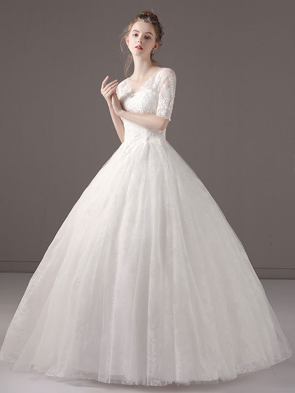 Wedding Dresses Princess Ball Gown Ivory Half Sleeve V Neck Lace Beaded Floor Length Bridal Dress-newarrivaldress