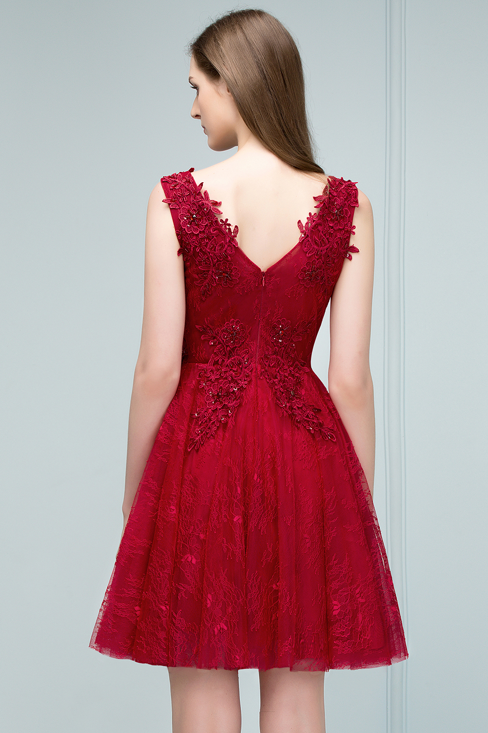 JULIA | A-line Sleeveless Short V-neck Lace Appliqued Tulle Prom Dresses-newarrivaldress