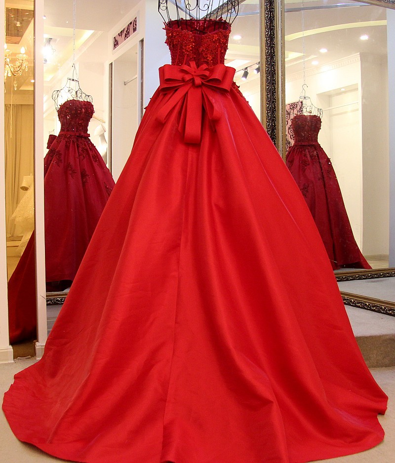 Strapless Bow A-Line Applique Ball Gown Tulle Sweep Train Prom Dresses-newarrivaldress