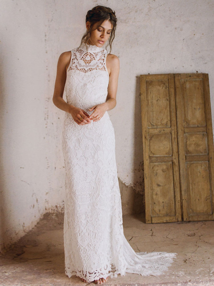 Boho Wedding Dress 2021 Sheath High Neck Sleeveless Floor Length Bridal Gown-newarrivaldress